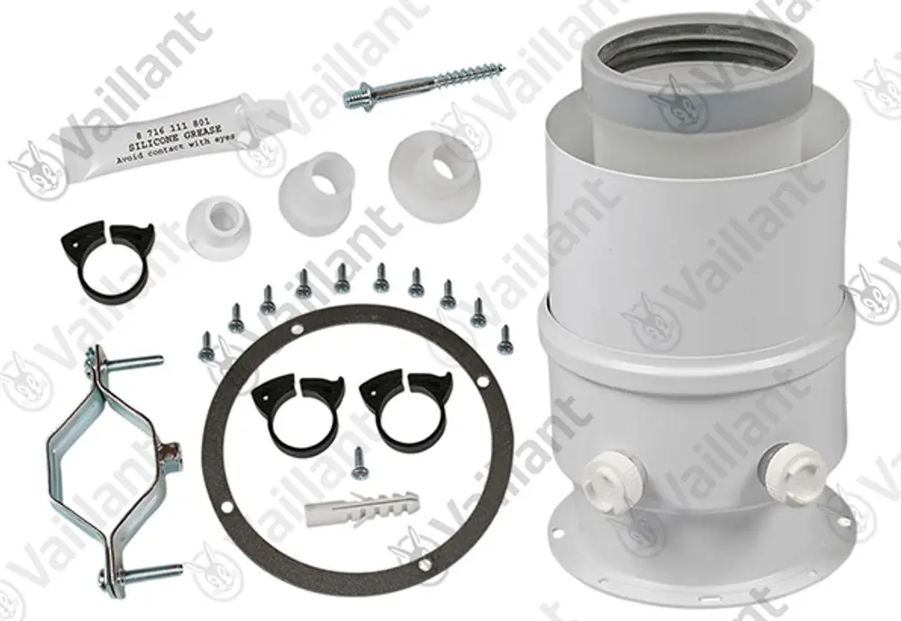 Vaillant Zubehörset mit verschiedenen Komponenten, darunter Rohre, Dichtungen, Halterungen und eine Tube Silikonfett für die Installation oder Wartung.